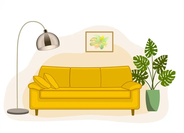 Cozy Living Room Interior Yellow Sofa Floor Lamp House Plant — Stock Vector