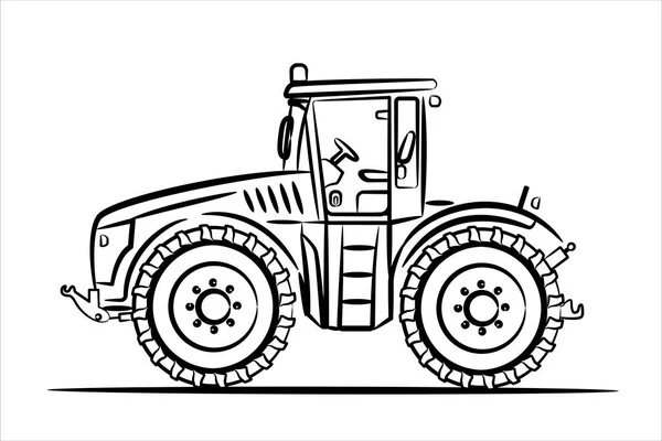 牵引机手绘的沉重牵引机的线条艺术 农业机械 现代平面矢量图解 现代农业拖拉机侧视图 — 图库矢量图片