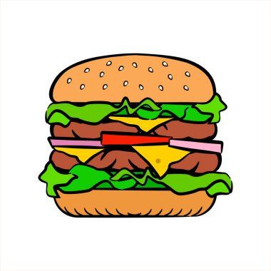 Beyaz arka planda izole edilmiş renkli çizim, vektör illüstrasyonu. Modern tasarım sokak yiyecekleri logosu. Menü için hamburgerin düz simgesi, fast food.