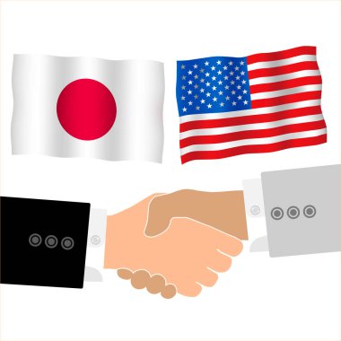 Arka planda iki bayrağın dostça el sıkışması. Erkek tokalaşması Japonya ve Amerikan bayrağının arka planında. İş adamları Japonya ve ABD bayraklarına karşı el sıkışıyor. Destek konsepti