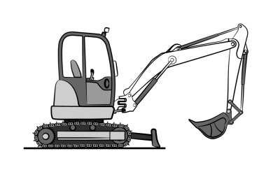 A sketch of mini hydraulic excavator for earthmoving, construction machinery. Light backhoe construction machines. Abstract Earthmover, digger. Crawler excavator line icon.