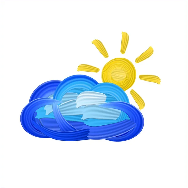 Sun behind the cloud. The blue cloud painted with oil paint. Well defined texture of paint strokes. Bright turquoise blue paint strokes. Cute 3d cartoon weather icon.