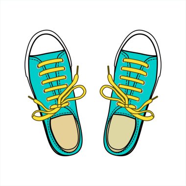 Freehand drawing of sneakers, gym shoes, top view. Sketch Youth sneakers stylish shoes. Blue color silhouette. Vector illustration isolated on white background. 