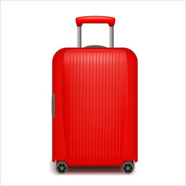 Realistic red wheeled travel bag with hand. Plastic travel suitcase. 3d illustration isolated on white background. Vector illustration.