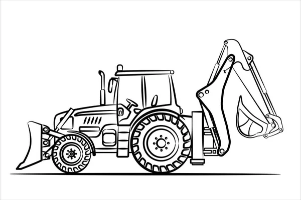 Sebuah Garis Ditarik Tangan Seni Traktor Sketsa Pemuat Backhoe Excavator - Stok Vektor
