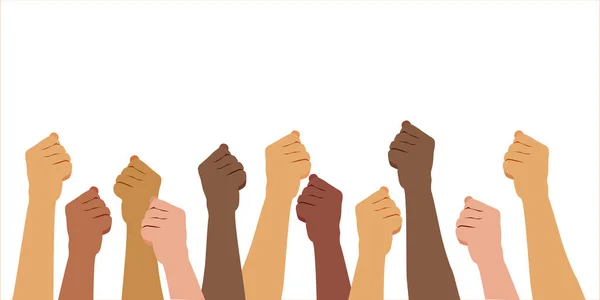 Zvedly Ruce Pěsti Lidí Různých Národností Ras Protest Stávka Muži — Stockový vektor