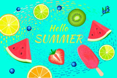 Mavi arka planda renkli meyve ve şık bir yazı. Merhaba Summer. Renkli narenciye, kivi, karpuz ve dondurmayla açık mavi bir arka plan. Pankart ya da poster tasarımı için yaz saati arkaplanı