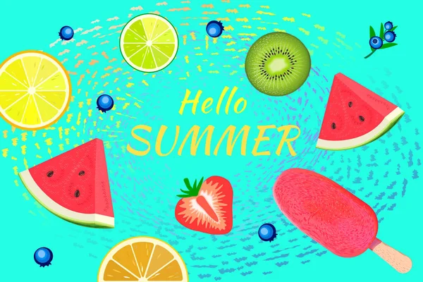 Fruta Colorida Sobre Fundo Azul Com Texto Elegante Hello Summer — Fotografia de Stock
