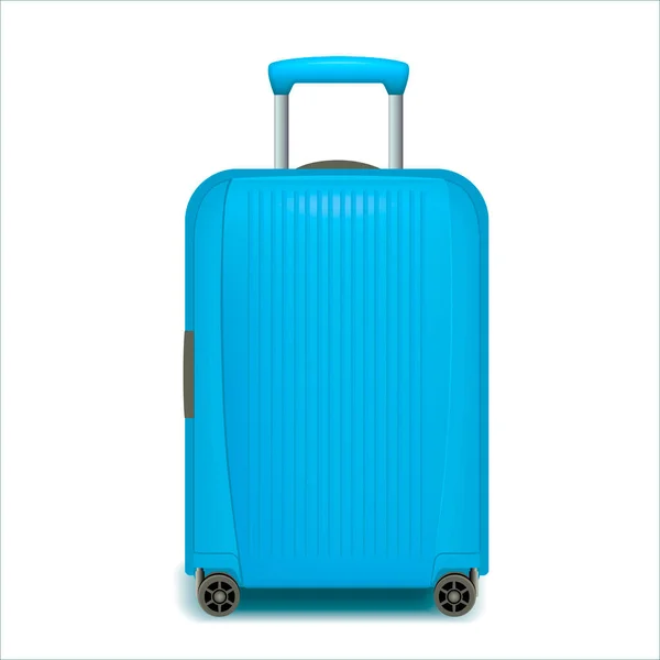 Realistische Blaue Reisetasche Auf Rädern Mit Hand Reisekoffer Aus Plastik — Stockvektor