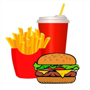 Lezzetli iştah açıcı hamburger, kola ve kırmızı bir karton kutuda patates kızartması. Kahve servisi. Vektör illüstrasyonu beyaz arkaplanda izole edildi