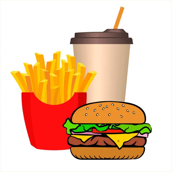 Délicieux Hamburger Appétissant Soda Frites Dans Carton Rouge Café Emporter — Image vectorielle