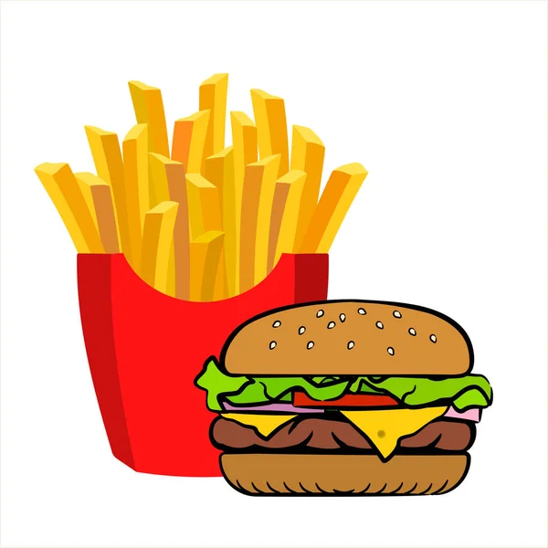 Kırmızı Bir Karton Kutuda Lezzetli Iştah Açıcı Hamburger Patates Kızartması — Stok Vektör