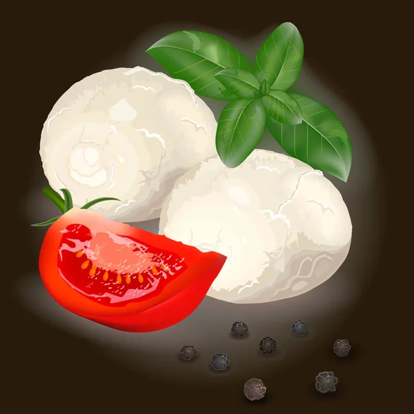 Realistische Zeichnung Des Italienischen Mozzarella Käses Mit Basilikumblättern Und Tomatenscheiben — Stockvektor