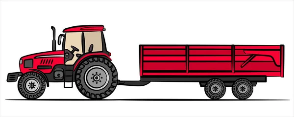 Une Main Dessinée Tracteur Rouge Avec Remorque Agricole Ferme Remorque — Image vectorielle