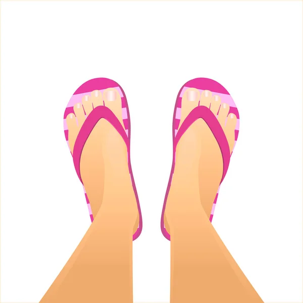 Милые Ручные Тапочки Стройные Ухоженные Женские Ноги Шлепанцах Белом Фоне — стоковый вектор