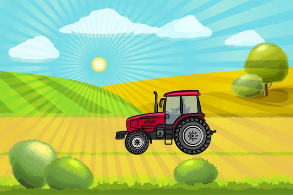 Roter Traktor Ist Einsatz Der Traktor Fährt Vor Der Kulisse — Stockvektor