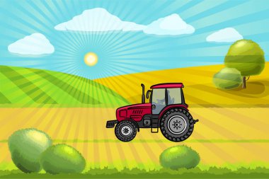 Kırmızı traktör sahada çalışıyor. Traktör araziyi bir tepenin arkasına doğru sürüyor. Kırsal alan. Güneş ışınları manzarayı delip geçiyor. Vektör illüstrasyonu.