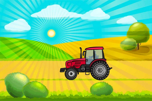 Tractor Rojo Está Trabajando Campo Tractor Atraviesa Campo Contra Telón — Archivo Imágenes Vectoriales