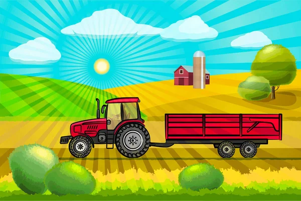 Красный Трактор Сельскохозяйственным Прицепом Трактор Едет Полю Фоне Холма Сельский — стоковый вектор