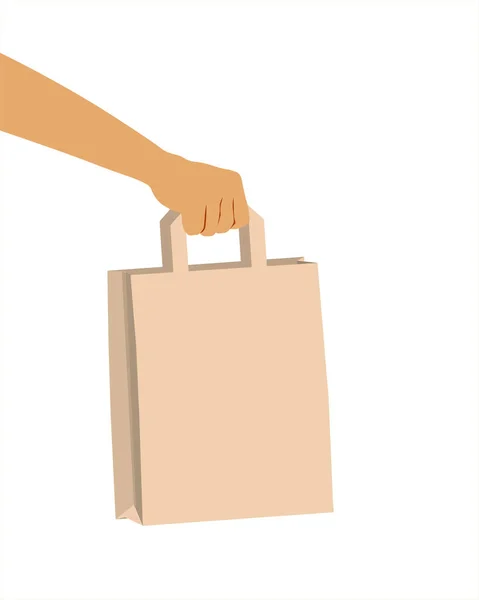 手拿着购物袋 购物或送礼品袋 购物生态概念 平整的横幅作为销售概念 在白色背景上孤立的向量图 — 图库矢量图片