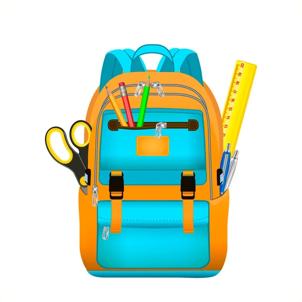 Realistische Schultasche Mit Schreibwaren Orange Blauer Rucksack Für Studenten Farbausrüstung — Stockvektor