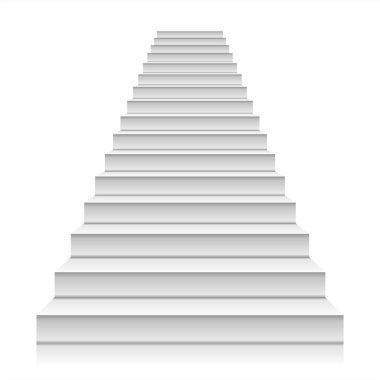 Beyaz merdiven gerçekçi çizimi, beyaz arka planda izole edilmiş. Beyaz merdiven manzarası. Yükseldi. Başarının bir sembolü. Platform için boş model. Beyaz merdiven manzarası
