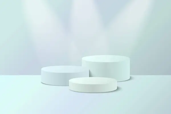 Açık mavi 3D oda ve gerçekçi silindir kaide podyumu. Üç projektörlü ürün tanıtımı için minimum sahne. Gösteri için sahne. Pastel model ürün görüntüsü. Ürün sunumu için şablon. Vektör illüstrasyonu