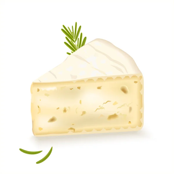 ブリーチーズのスライス 三角ピースソフトチーズ 乳製品とチーズ製品について ソフトカマンベールチーズ 白い背景に分離された現実的なベクトルイラスト ブリーの一部のローズマリーの葉 — ストックベクタ