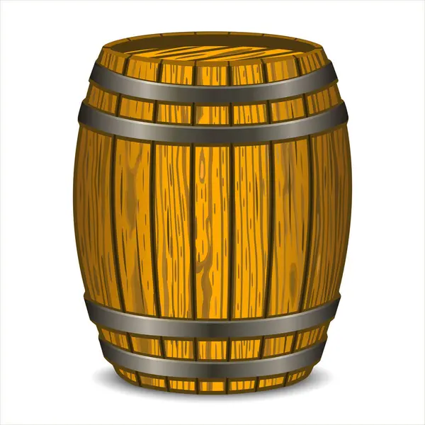 Alcohol barrel, wooden barrel with shadow. Barrel for wine, rum, beer or cognac. Wine barrel, drink container isolated on white background.