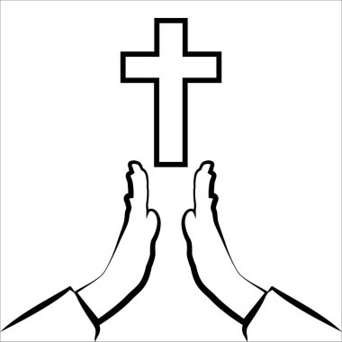 Silüet eller duayla bağlandı. Tanrı 'ya inanmak, kavram. Dindar insanlar. Çapraz. Elinde haçla dua eden kişi, dindar bir Hristiyan 'ın İsa' ya tapması kavramı. Vektör illüstrasyonu EPS 10