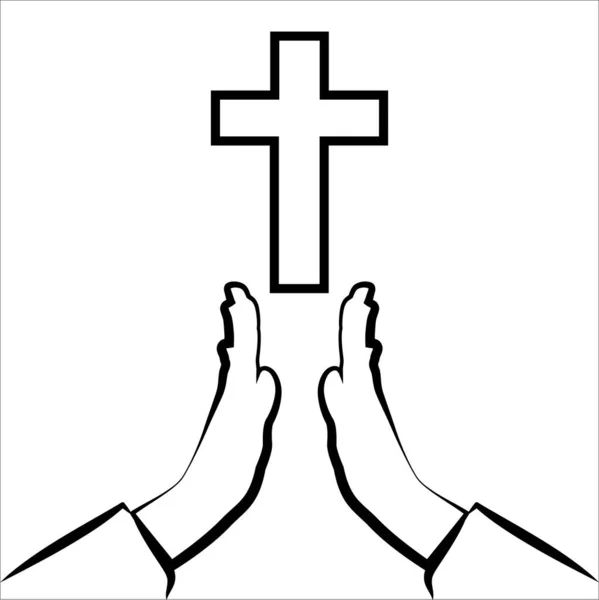 Silhouette hands folded in prayer. Faith in God, concept. Religious people. Cross isolated. Person praying with cross in hand - concept of a devout Christian worshiping Christ. Vector illustration EPS 10