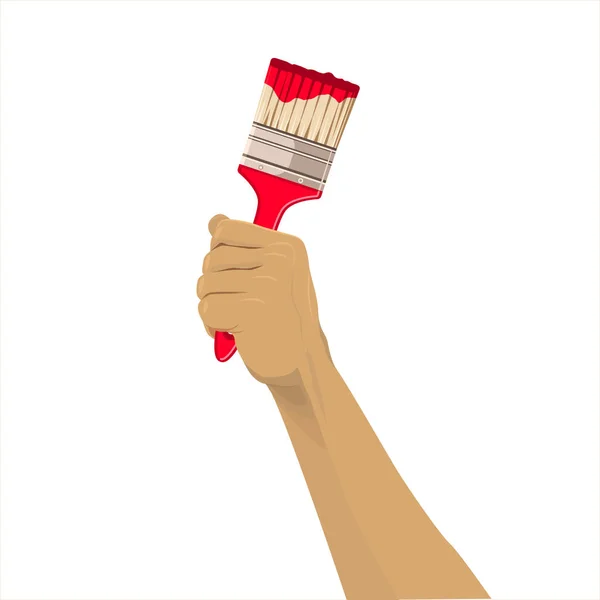 Kırmızı saplı geniş boya fırçası. Kalkmış bir erkek el, çeşitli yüzeyleri boyamak için bir fırça tutuyor. Boya fırçası gibi aleti olan bir işçi. Vektör illüstrasyonu beyaz arkaplanda izole edildi.