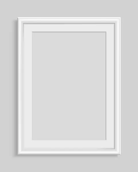 Gölgeli, gerçekçi, dikey, beyaz bir çerçeve. Sanat galerisi ya da iç mekan için boş dikdörtgen fotoğraf çerçevesi. Gri arkaplanda izole edilmiş vektör illüstrasyonu.
