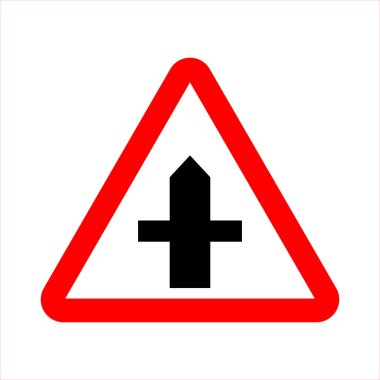 İkincil yola dikkat edin. Uyarı işareti. İkincil yolda kavşak işareti. Beyaz üzerinde izole edilmiş üçgende yol işareti