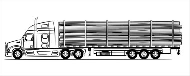 Yolda bir sürü kütüğü olan yarı kamyon. Otobanda Amerikan kamyonu var. Flatbed karavan soyut silueti beyaz arka planda. Kamyon çizimi. Dingilli römorklu römork donanımlı.. 
