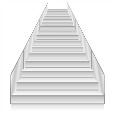 Şeffaf cam parmaklıkları olan modern bir merdiven, kusursuz bir şekilde minimalist bir iç kısma karışıyor. Beyaz merdiven gerçekçi çizimi, beyaz arka planda izole edilmiş. Beyaz merdiven manzarası. Yükseldi. Platform için boş model.