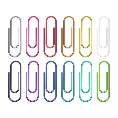 Gerçekçi renkli ataç seti. Metalik bağlayıcılar beyaz arka planda. Parlak metal ataç, sayfa tutacağı. Ofis malzemeleri. Vektör illüstrasyonu