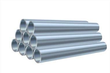 Gerçekçi bir şekilde yığılmış çelik borular. Kanalizasyon için paslanmaz çelik boru, su tedarik sistemleri, endüstriyel ve inşaat. Beyaz arkaplanda vektör çizimi izole edildi. Sanayi boru hatları