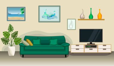 Yeşil kanepeli modern mobilyalar, televizyon dolabı ve düz bir alıcısı var. Oturma odasının içinde resimler, vazolar, televizyon ve ev bitkileri var. Açık bej renkli minimalist stil. Vektör illüstrasyonu