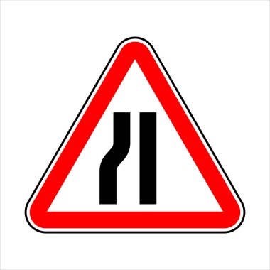 Road narrowing ahead on the left warning sign for motorists. A sign with an white background is sign installed in the area of road repair or other danger to drivers. Vector isolated on white back