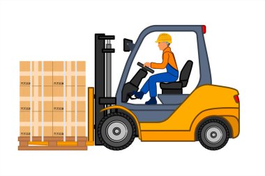 Forklift kullanan bir adam. Kutuları olan endüstriyel forklift kamyonu. Makinenin yan görüntüsü. Hidrolik makineler. Forklift paletleri kutularla boşaltıyor. Düz biçimli vektör illüstrasyonu.