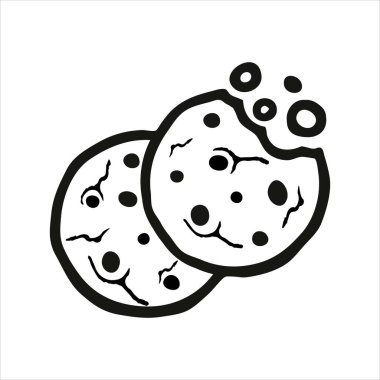 İki cips kurabiye ikonu. Basit kurabiye ikonu vektör illüstrasyonu. Isırılmış kurabiye silueti ya da logosu. Beyaz üzerine izole edilmiş siyah beyaz bisküvi sembolü.