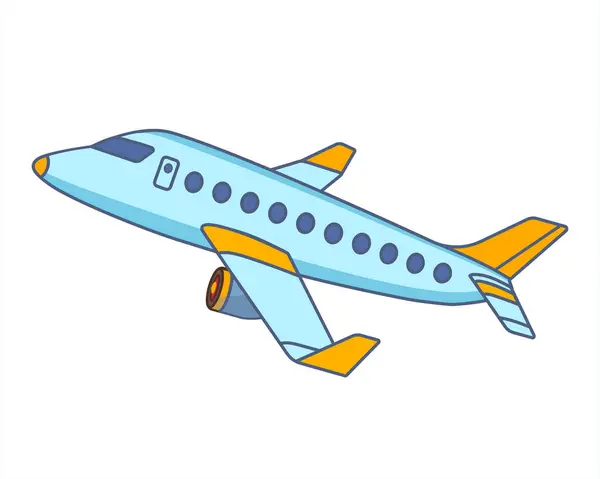 stock image Airplane light blue color with yellow tips. Plane in cartoon design. Passenger plane flying in the sky side view. travel concept. Toy plane graphic. Flat style illustration.