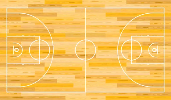 Profesyonel basketbol sahası içeride. Gerçekçi basketbol sahası manzarası en üstte. Basketbol sahası zemininde ahşap kaplama çizgisi var. Vektör illüstrasyonu EPS 10
