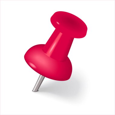 Kırmızı renkli raptiye. Parlak plastik raptiyeler. Pembe iğne simgesi beyaza izole edilmiş. Raptiyeler. Gerçekçi raptiyeler. Vektör 3 boyutlu illüstrasyon. Ofis sayfası.