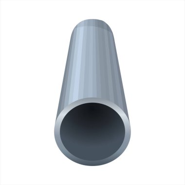 Silindir metal boru, gerçekçi bir şekilde. Kanalizasyon için paslanmaz çelik boru, su tedarik sistemleri, endüstriyel ve inşaat. Boş silindir profil şekli. Vektör illüstrasyonu beyaz arkaplanda izole edildi.