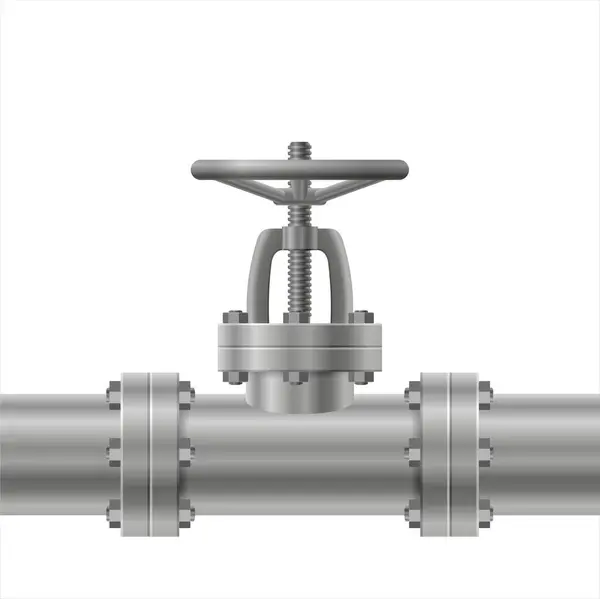 Gerçekçi durdurma vanası ve metal boru. Elle çalışan vana tipi, su tedarik sisteminde kurulum için gümüş grisidir. Vektör illüstrasyonu beyaz arkaplanda izole edildi 
