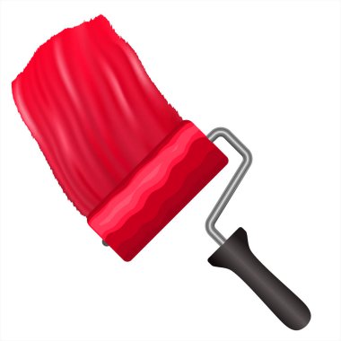 Patenler duvarı parlak kırmızıya boyar. Çalışma araçları için paten fırçası, inşaat simgeleri. Web sitesi tasarımı, uygulama, UI için simge. Gerçekçi tasarım tarzı. Bir evin duvarını boyarken Roller boya. Vektör EPS 10