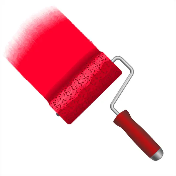 Patenler duvarı parlak kırmızıya boyar. Çalışma araçları için paten fırçası, inşaat simgeleri. Tasarım, uygulama, UI, paket simgesi. Gerçekçi tasarım tarzı. Bir evin duvarını boyarken Roller boya. Vektör EPS 10