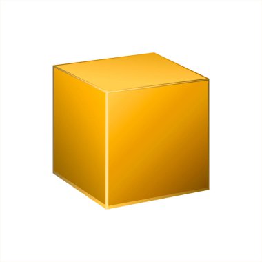 Beyaz arka planda izole edilmiş 3D altın metalik küp. Gerçekçi vektör geometrik şekil, pazarlama kaidesi, reklam sahnesi. Altın kutu. Tek turuncu nesne. Parlak altın soyut dekorasyon